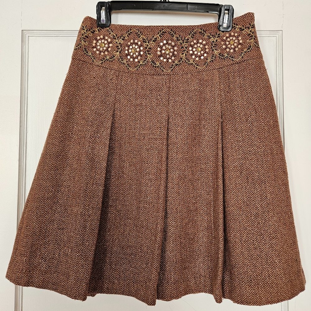 Loft Pleated Herrringbone Embroidered Skirt 4